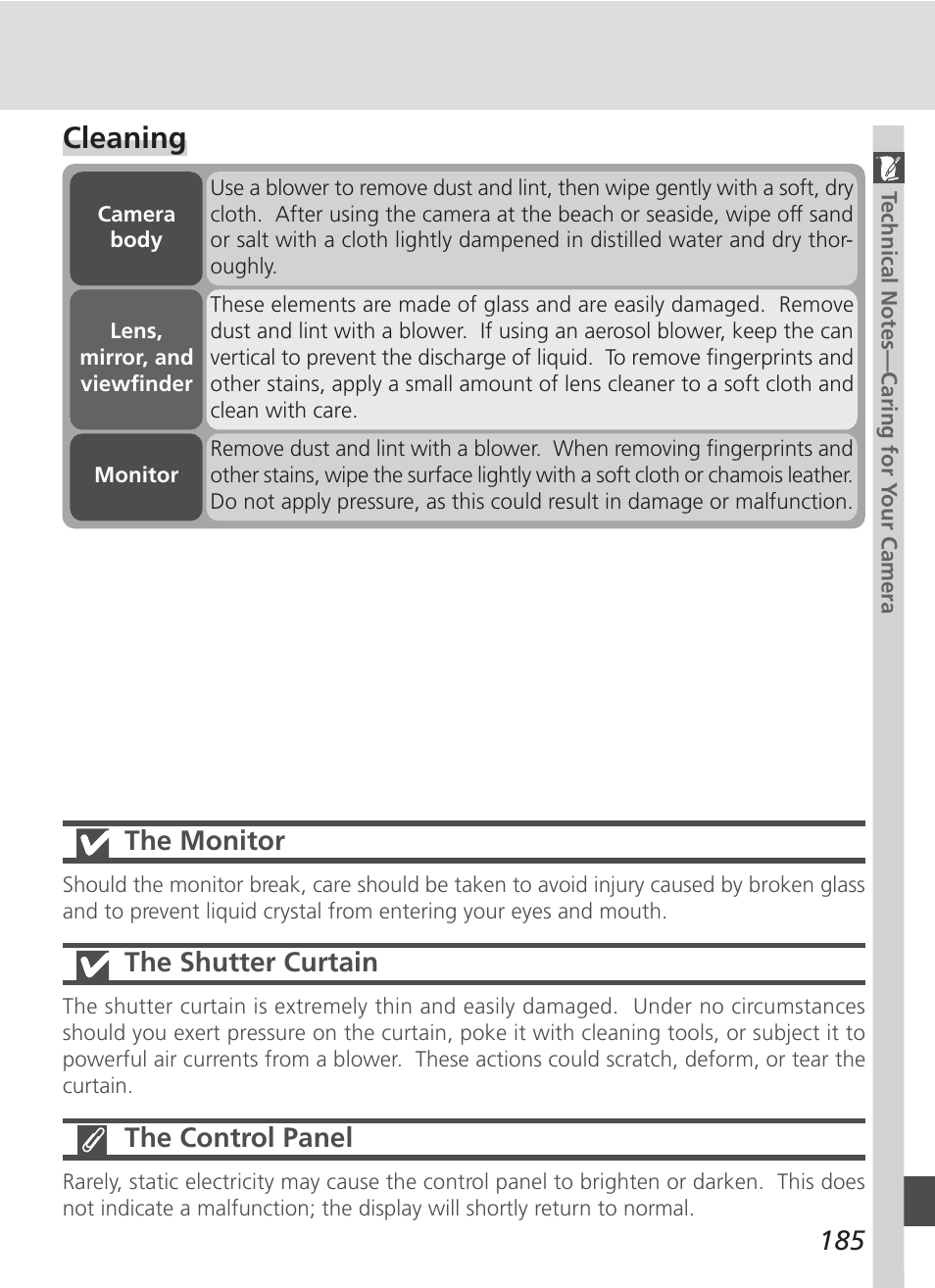 Cleaning, 185 the monitor, The shutter curtain | The control panel | Nikon D100 User Manual | Page 197 / 212