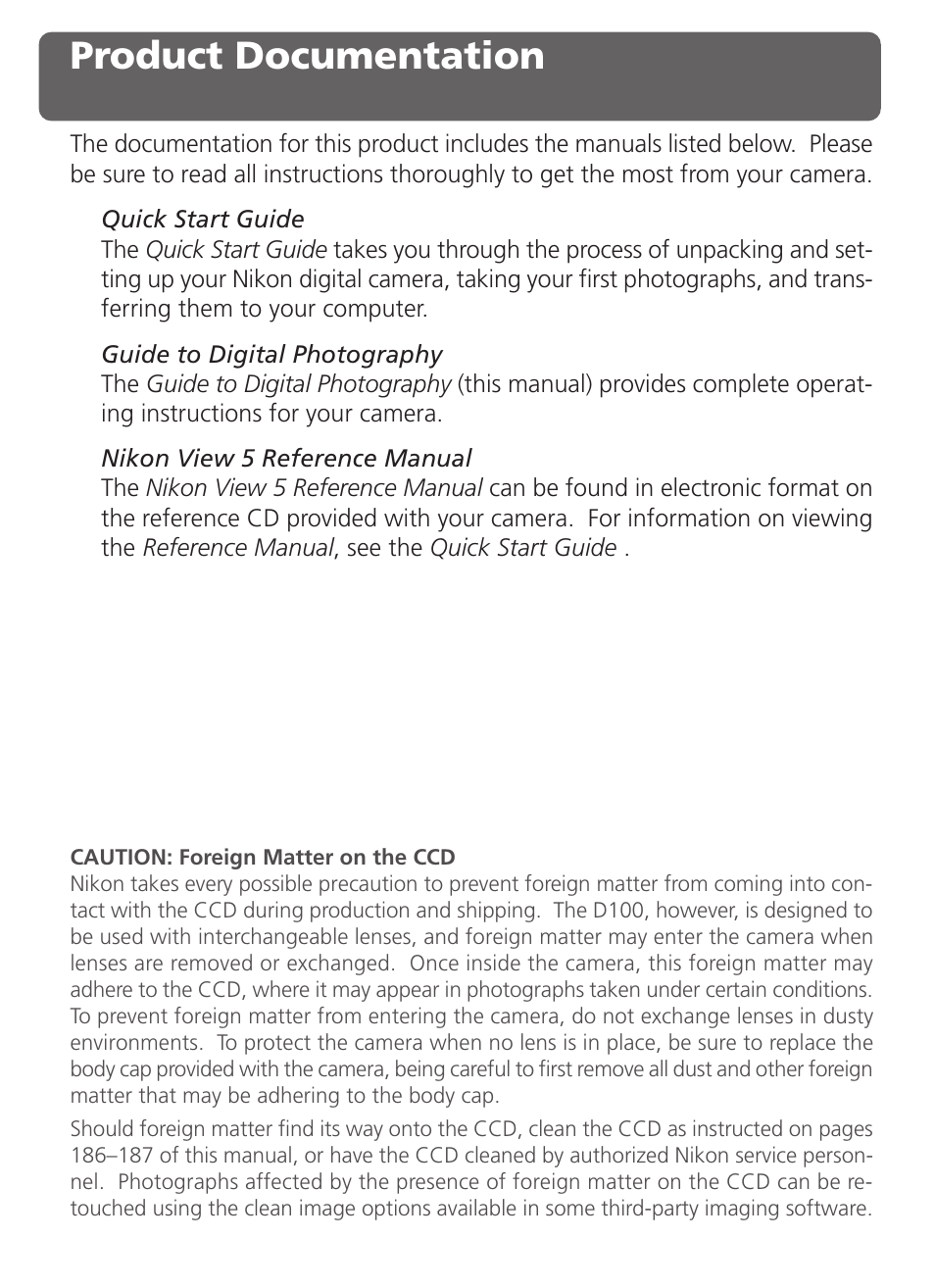 Product documentation | Nikon D100 User Manual | Page 2 / 212