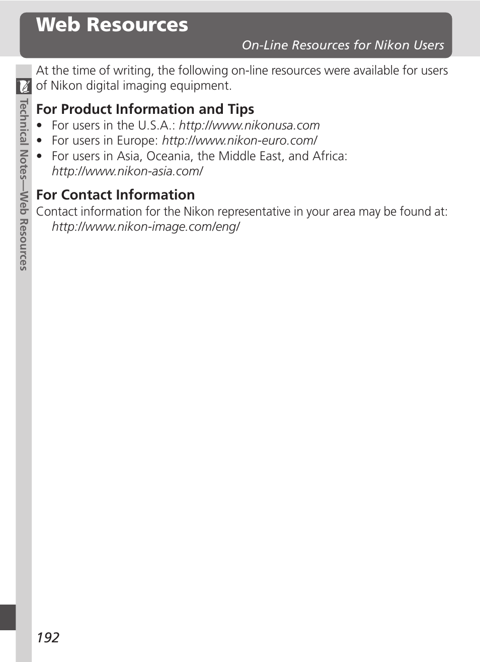 Web resources | Nikon D100 User Manual | Page 204 / 212
