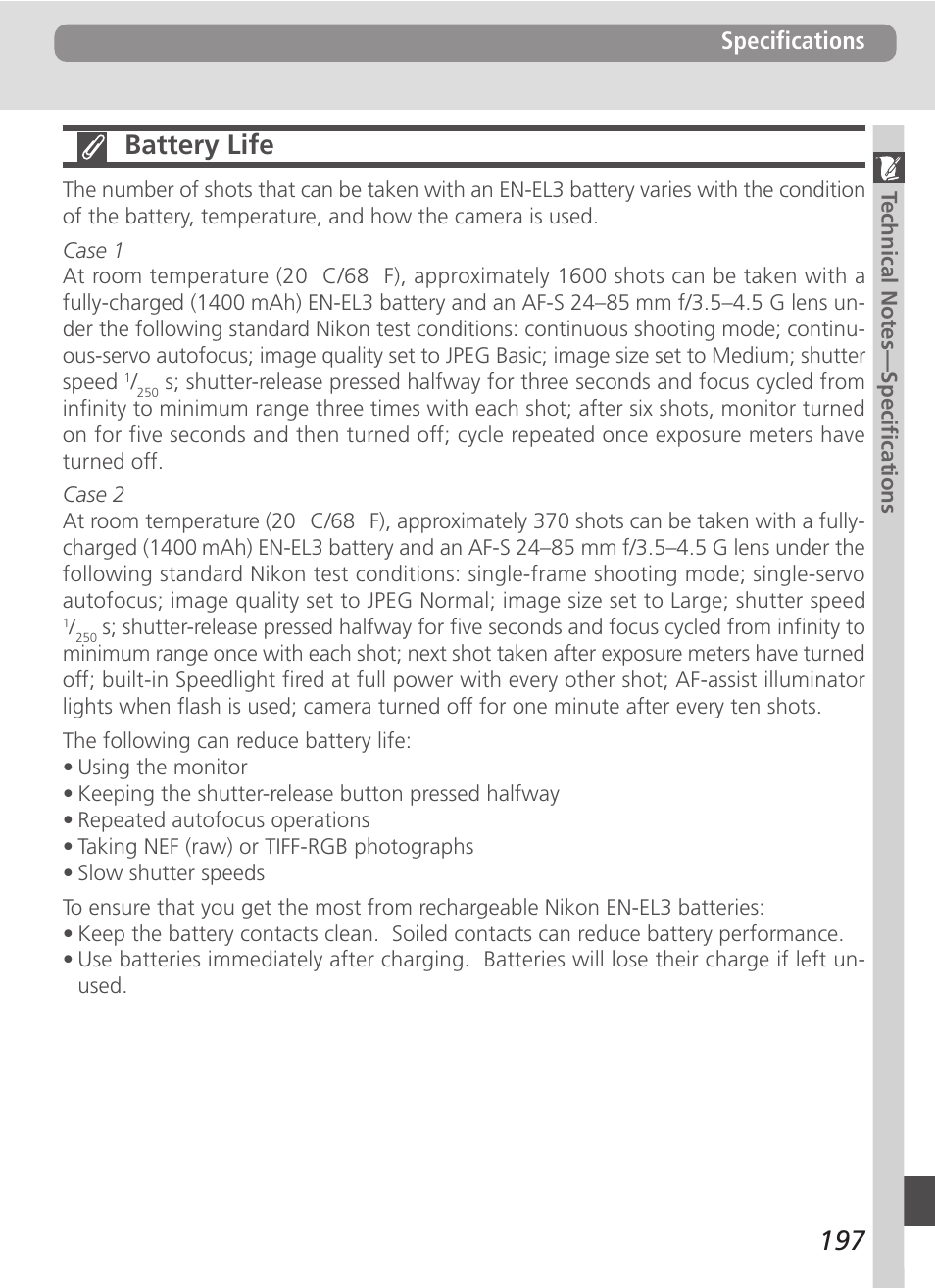 Battery life, Specifications | Nikon D100 User Manual | Page 209 / 212