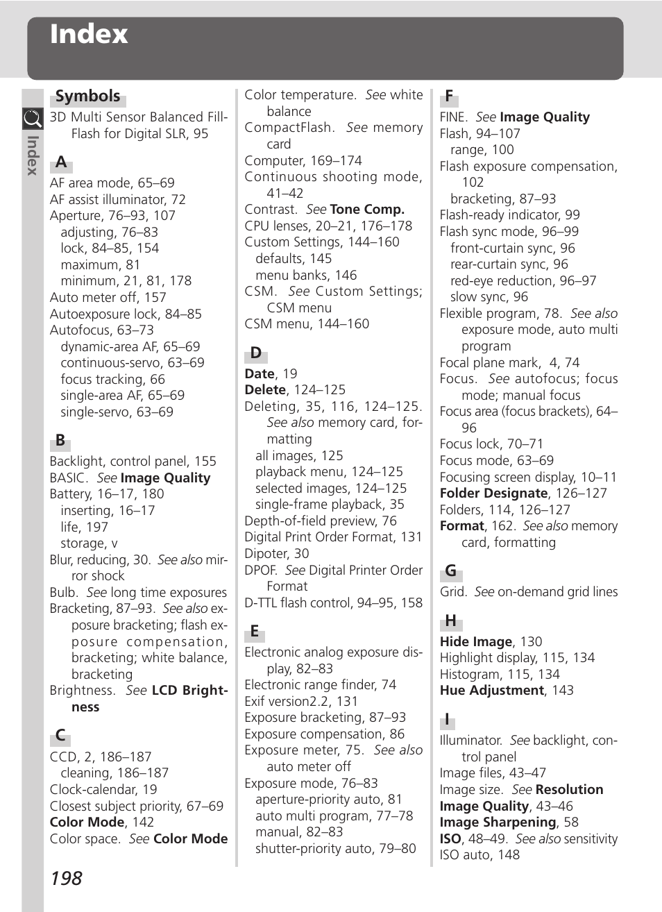 Index | Nikon D100 User Manual | Page 210 / 212