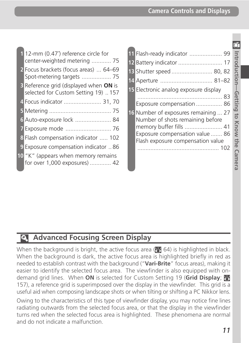 Advanced focusing screen display | Nikon D100 User Manual | Page 23 / 212