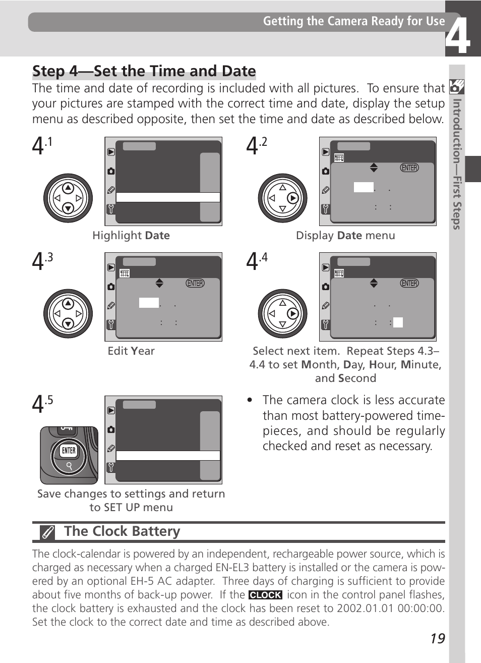 Step 4—set the time and date, The clock battery | Nikon D100 User Manual | Page 31 / 212