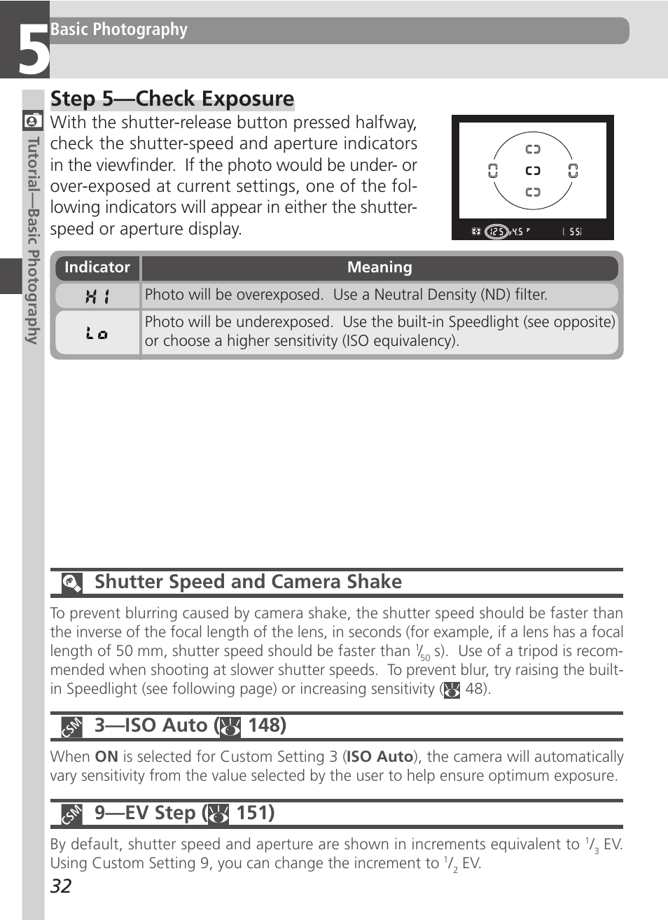 Step 5—check exposure, Shutter speed and camera shake, 3—iso auto ( 148) | 9—ev step ( 151) | Nikon D100 User Manual | Page 44 / 212