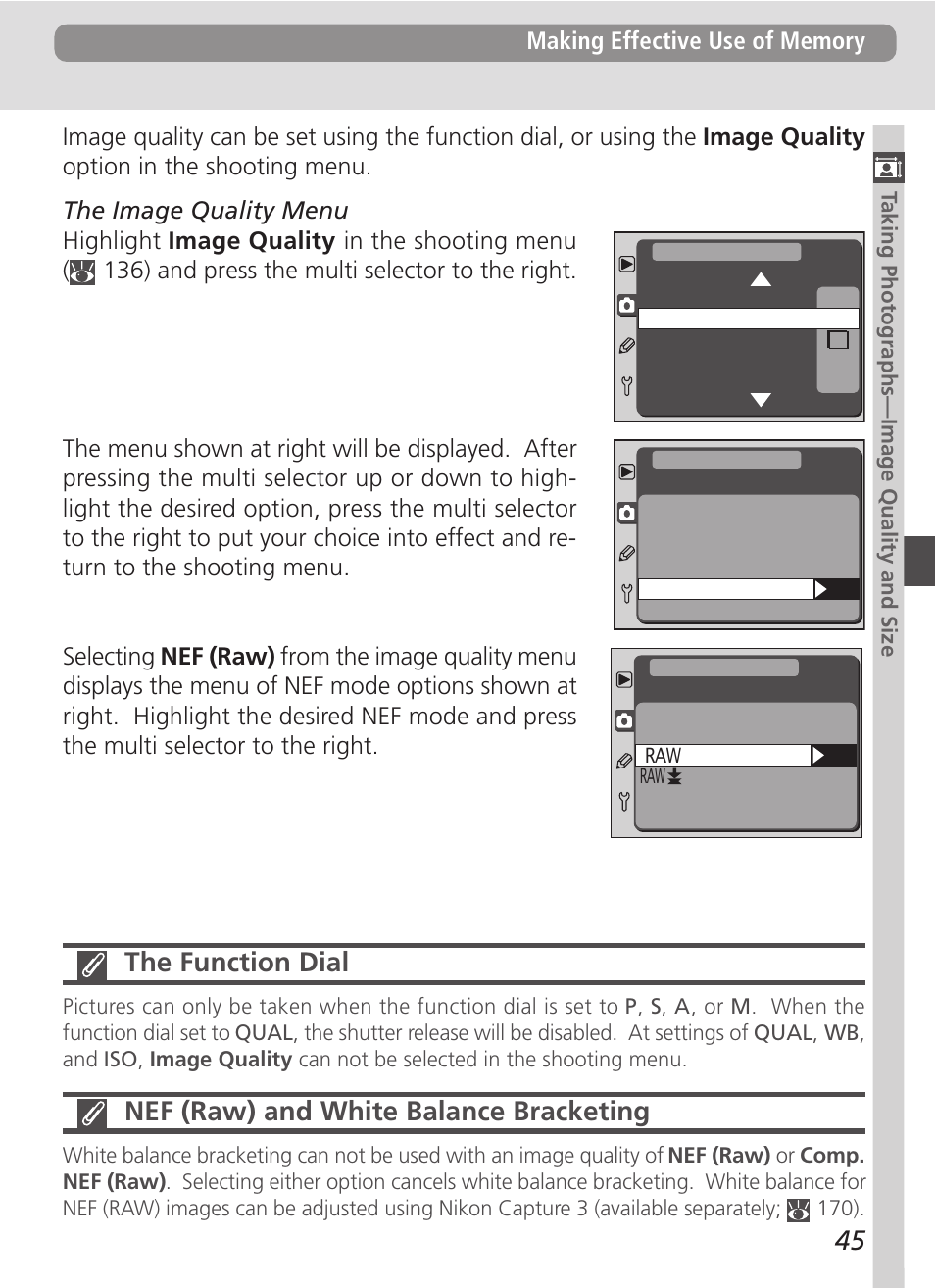 The function dial, Nef (raw) and white balance bracketing | Nikon D100 User Manual | Page 57 / 212