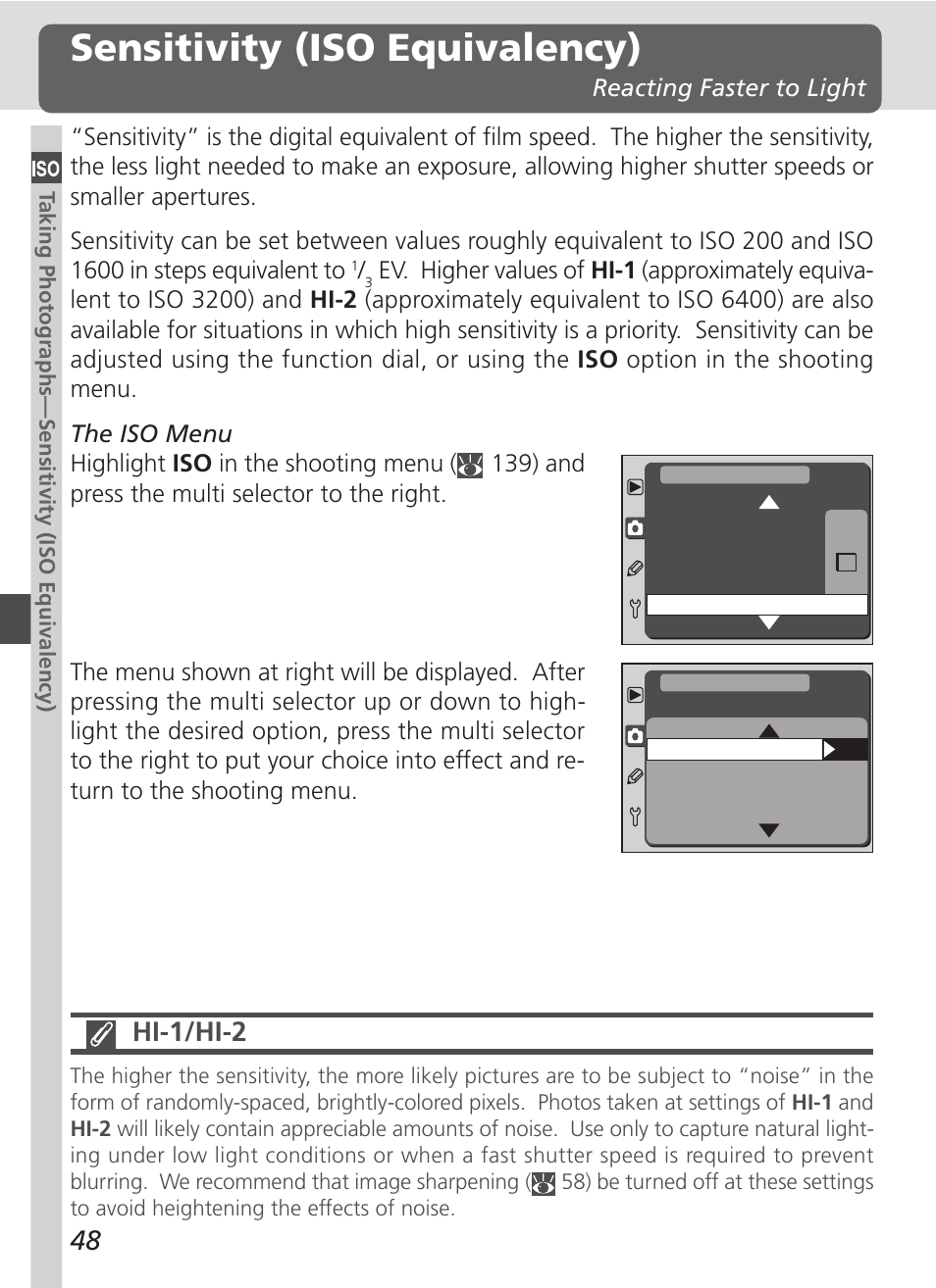 Sensitivity (iso equivalency), Hi-1/hi-2 | Nikon D100 User Manual | Page 60 / 212