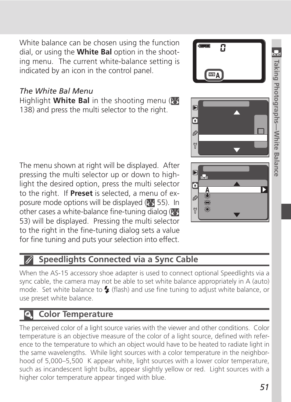 Speedlights connected via a sync cable, Color temperature | Nikon D100 User Manual | Page 63 / 212