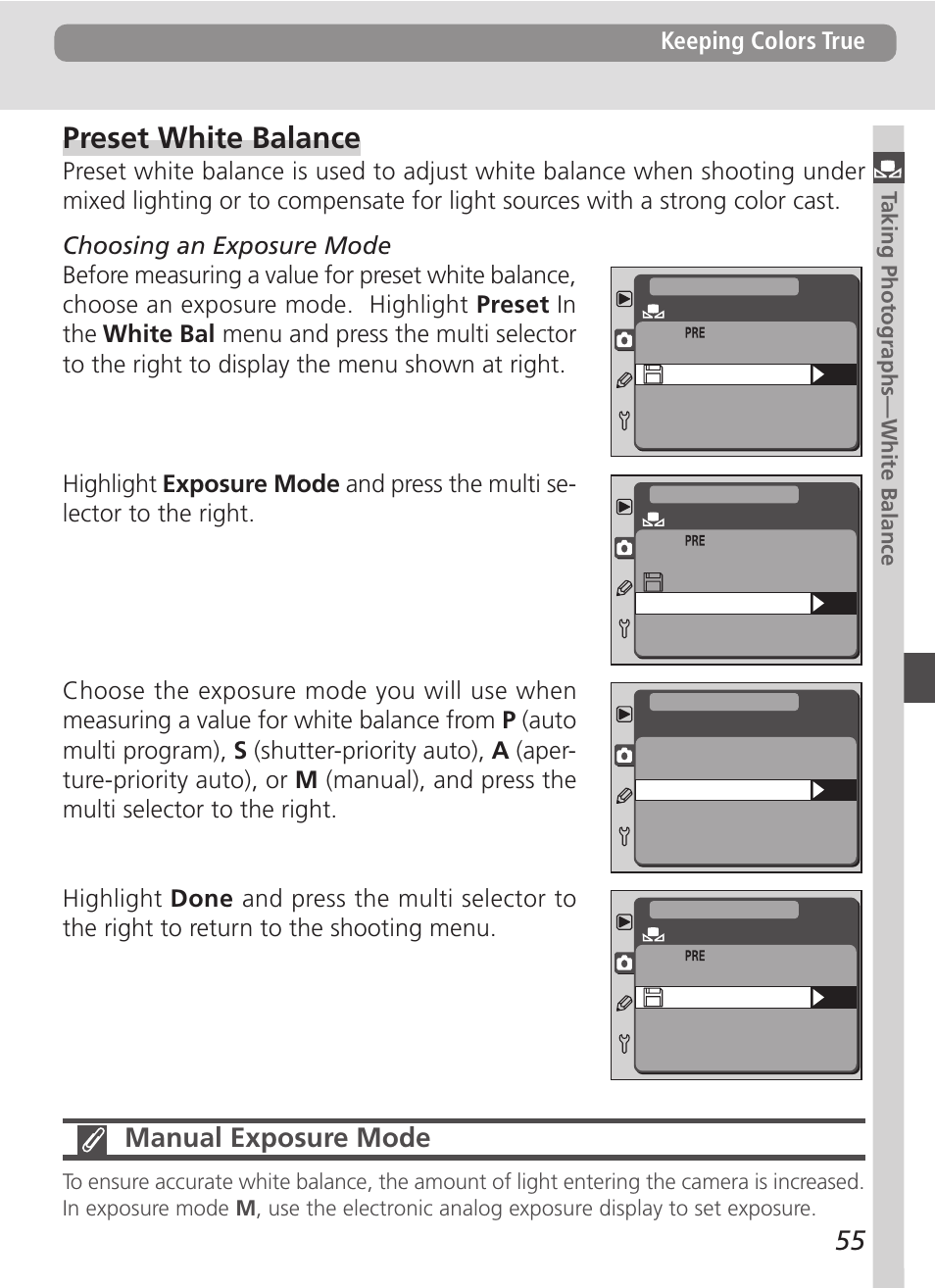 Preset white balance, Manual exposure mode | Nikon D100 User Manual | Page 67 / 212