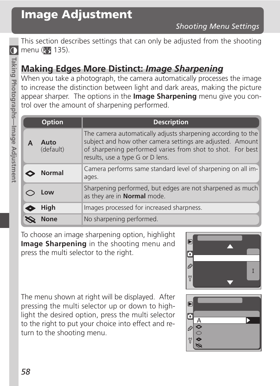 Image adjustment, Making edges more distinct: image sharpening | Nikon D100 User Manual | Page 70 / 212