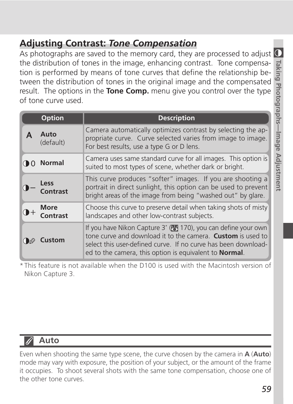 Adjusting contrast: tone compensation, Auto | Nikon D100 User Manual | Page 71 / 212