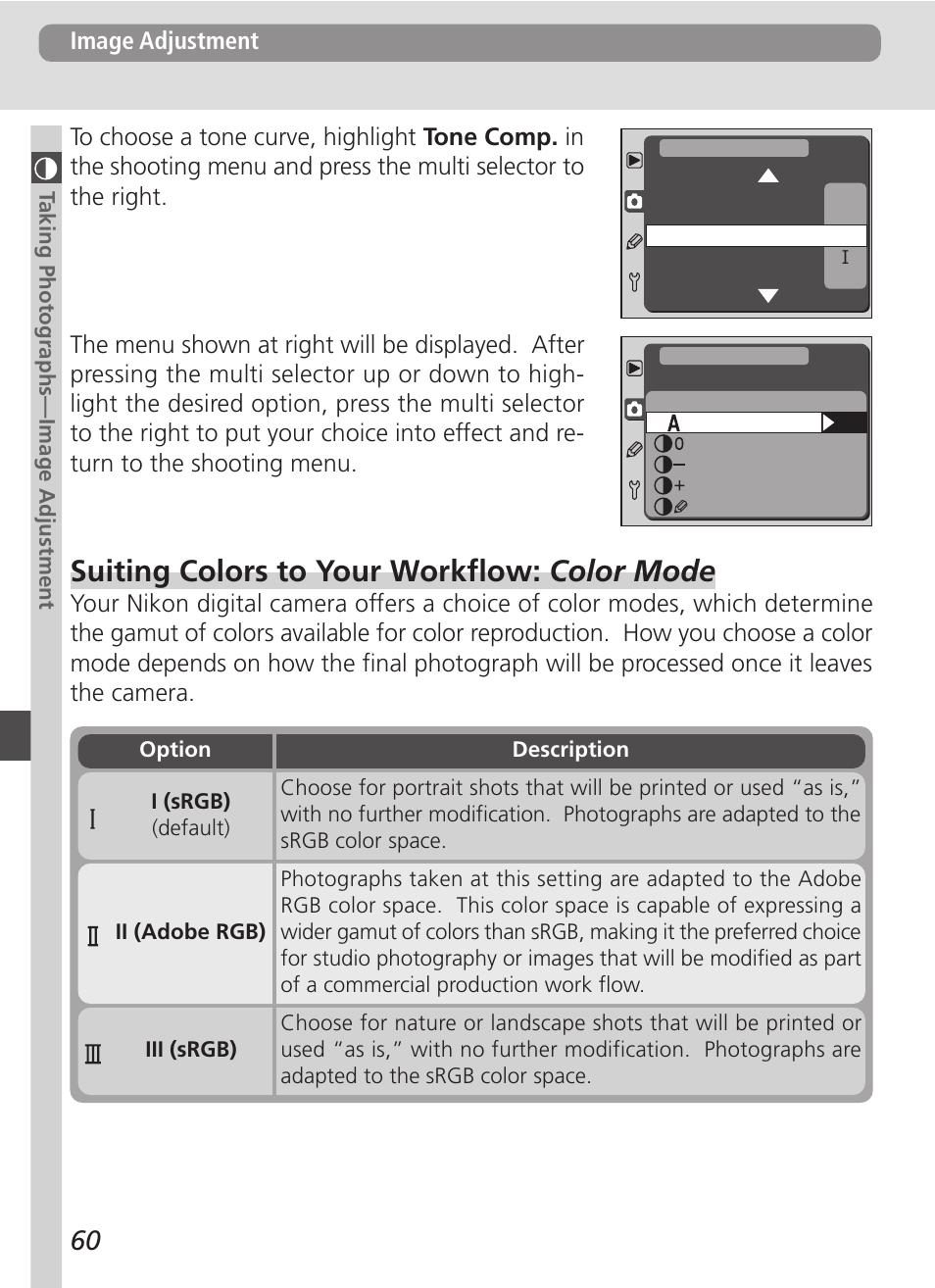 Suiting colors to your workflow: color mode | Nikon D100 User Manual | Page 72 / 212