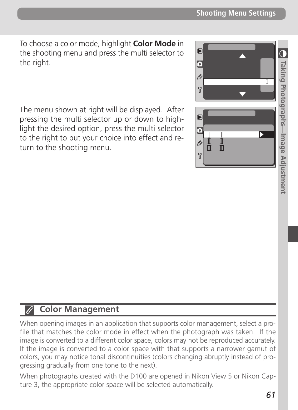 Color management, Shooting menu settings | Nikon D100 User Manual | Page 73 / 212