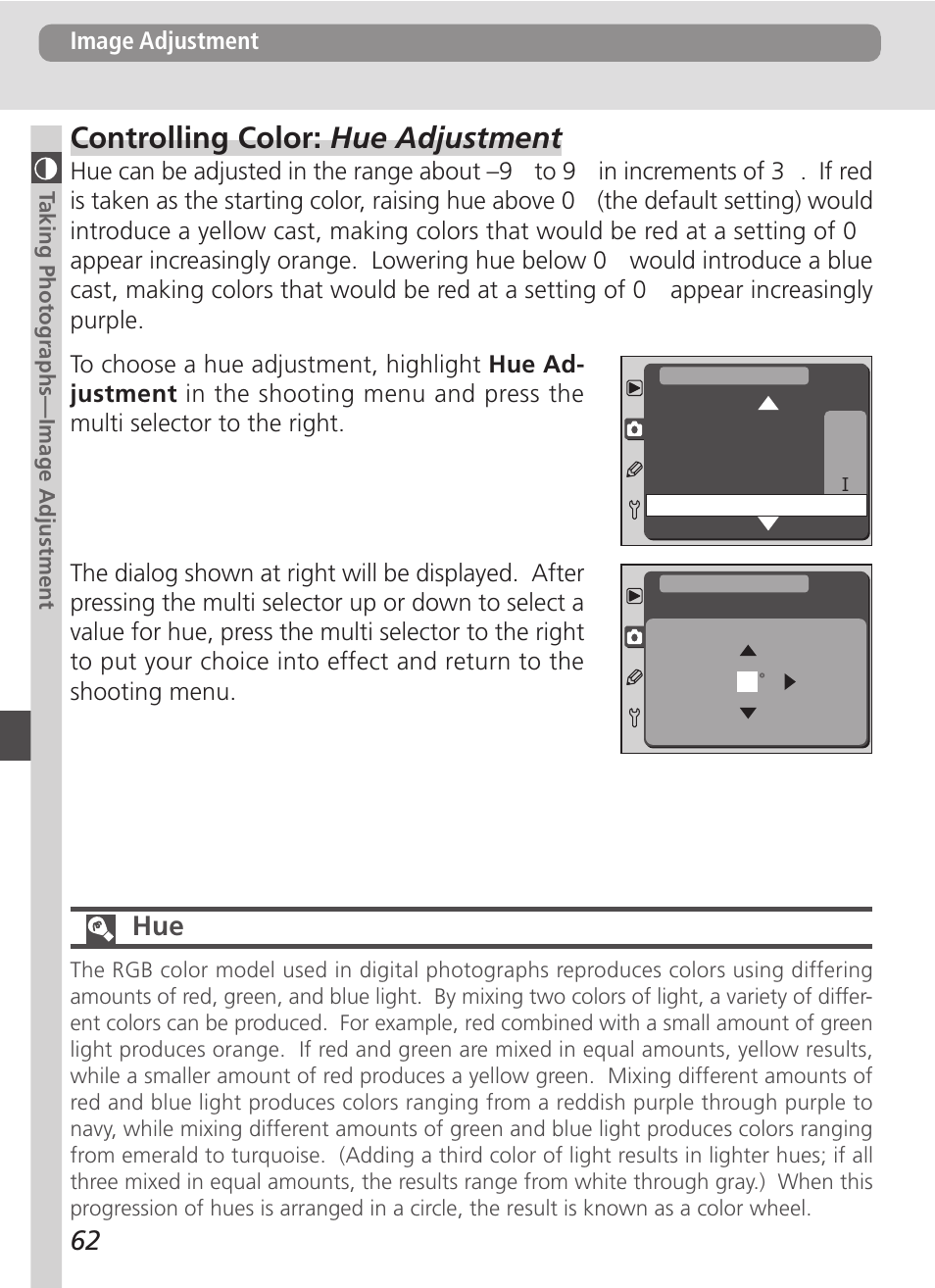 Controlling color: hue adjustment | Nikon D100 User Manual | Page 74 / 212