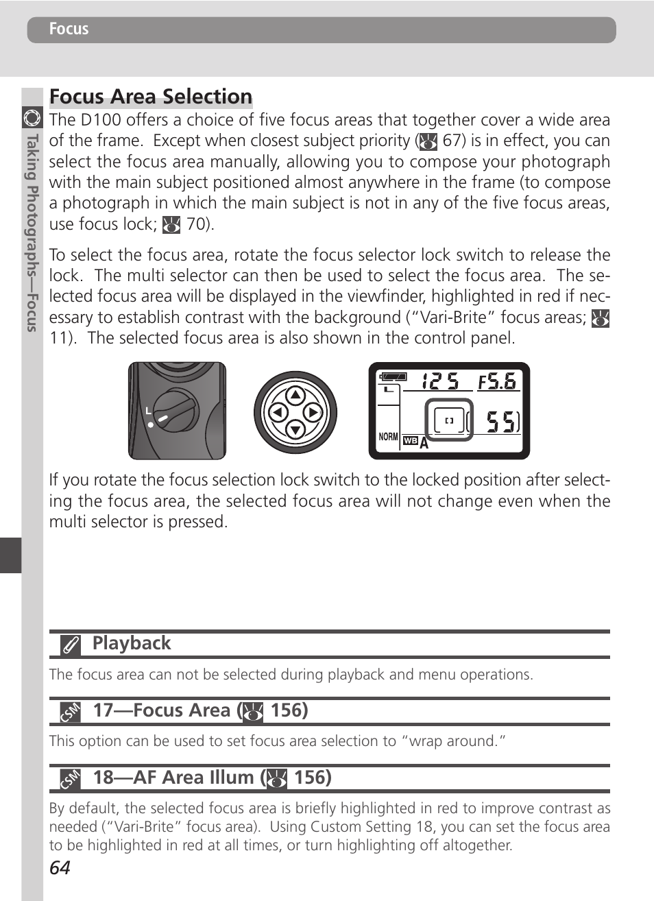 Focus area selection | Nikon D100 User Manual | Page 76 / 212