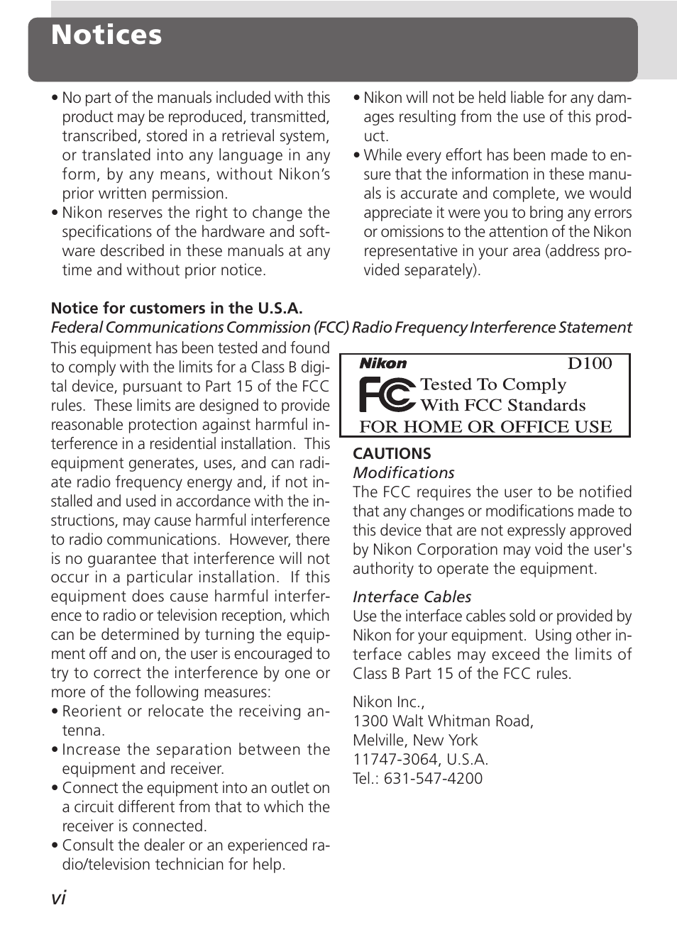 Notices | Nikon D100 User Manual | Page 8 / 212