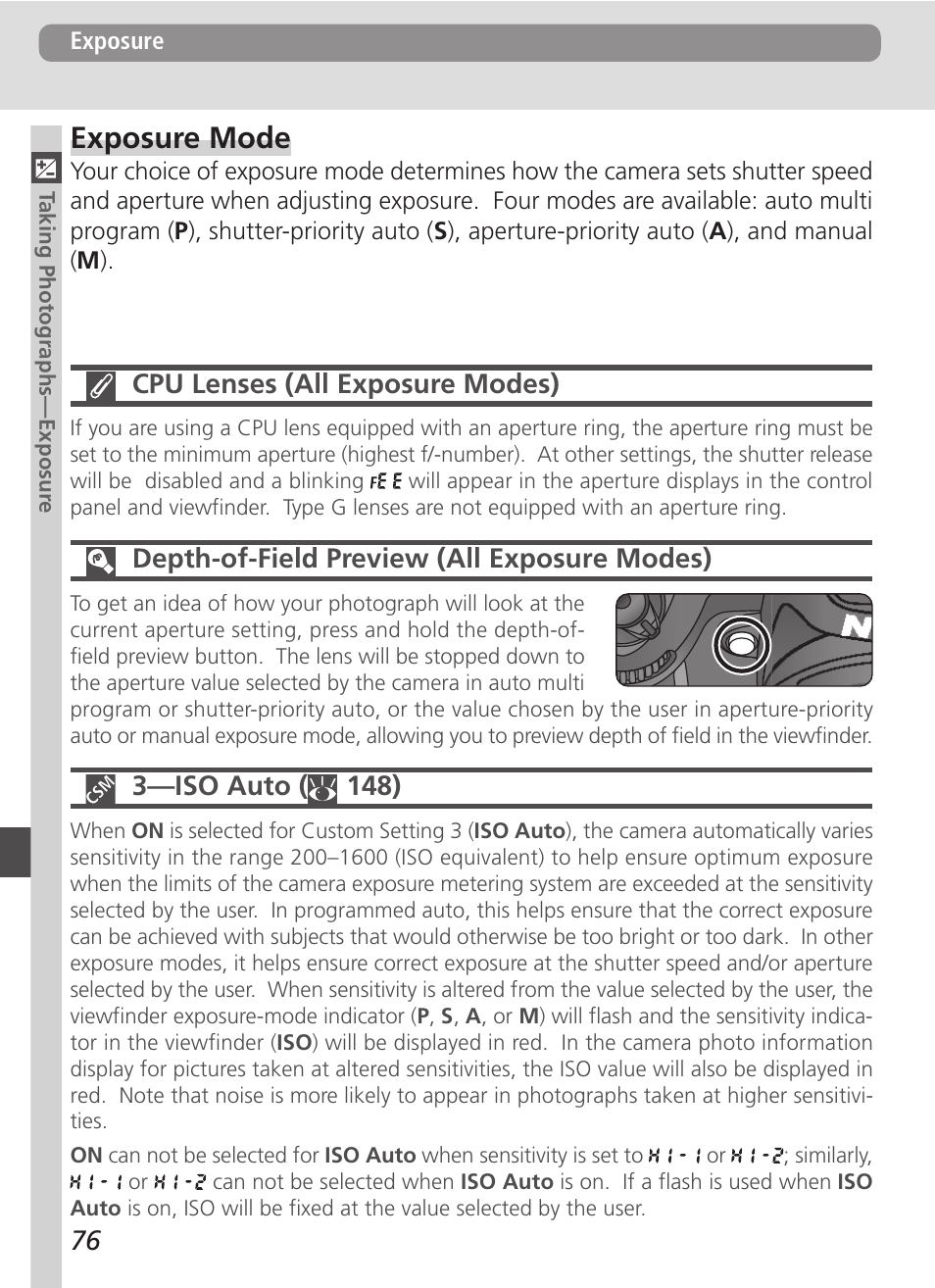 Exposure mode, 76 cpu lenses (all exposure modes), Depth-of-field preview (all exposure modes) | 3—iso auto ( 148) | Nikon D100 User Manual | Page 88 / 212