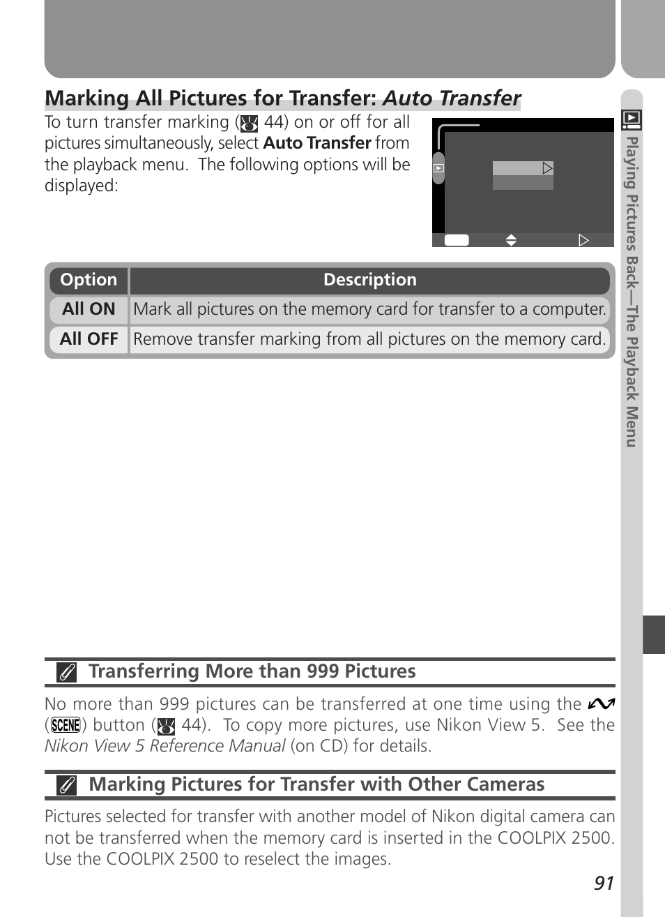 Marking all pictures for transfer: auto transfer, Transferring more than 999 pictures, Marking pictures for transfer with other cameras | Nikon 2500 User Manual | Page 103 / 120