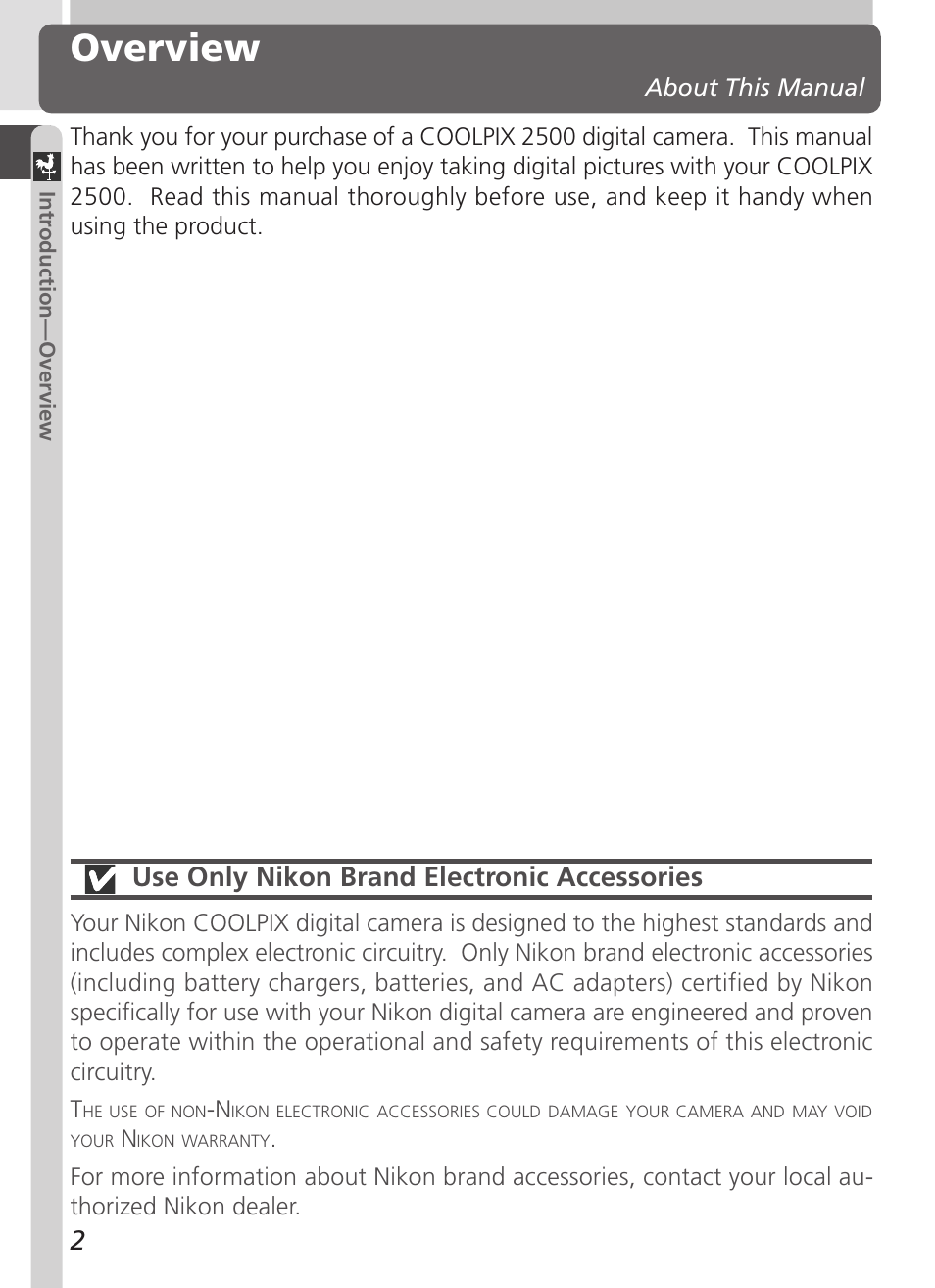 Overview, Use only nikon brand electronic accessories | Nikon 2500 User Manual | Page 14 / 120