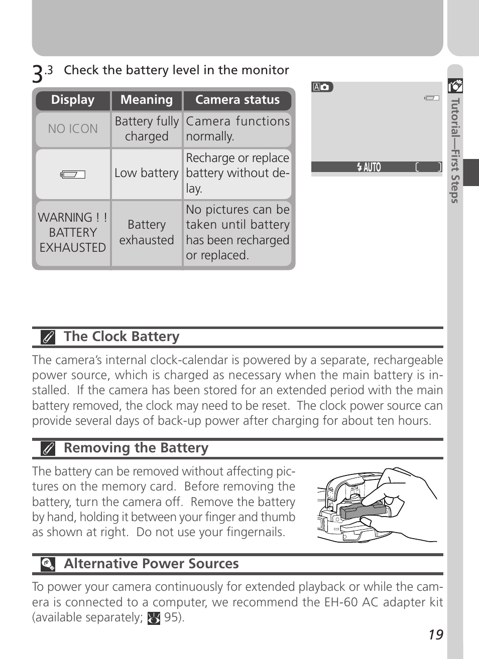 The clock battery, Removing the battery, Alternative power sources | Nikon 2500 User Manual | Page 31 / 120
