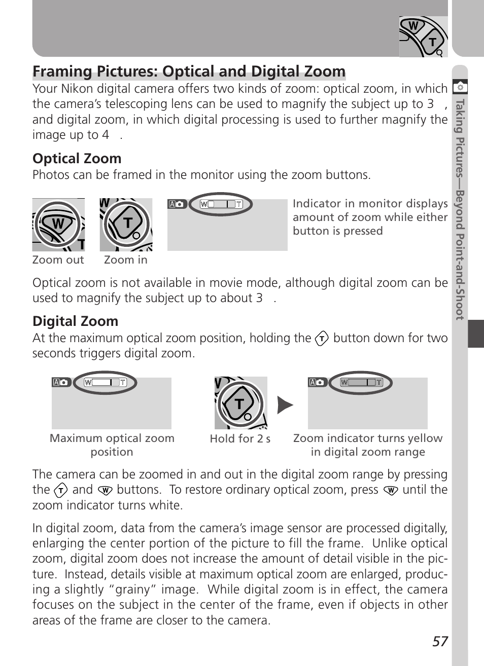 Framing pictures: optical and digital zoom, Optical zoom, Digital zoom | Nikon 2500 User Manual | Page 69 / 120