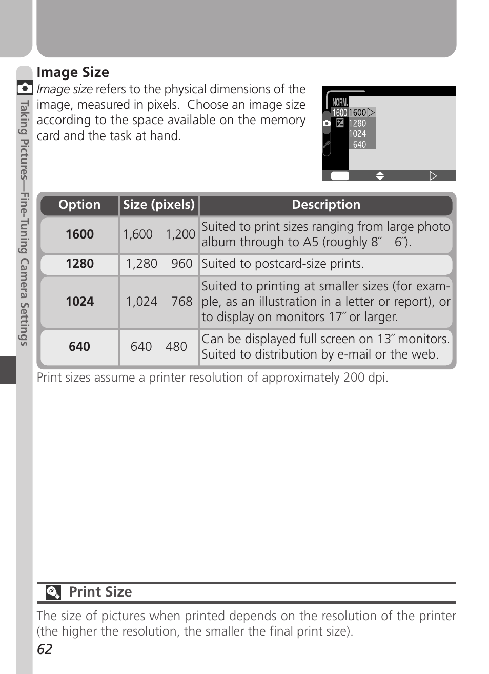 Image size, Print size | Nikon 2500 User Manual | Page 74 / 120