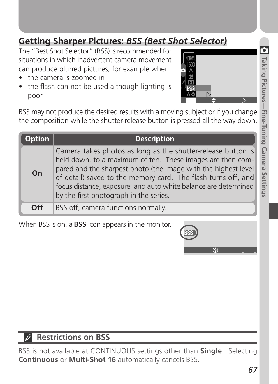 Getting sharper pictures: bss (best shot selector), Restrictions on bss | Nikon 2500 User Manual | Page 79 / 120