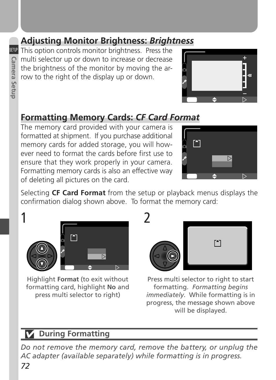 Adjusting monitor brightness: brightness, During formatting | Nikon 2500 User Manual | Page 84 / 120