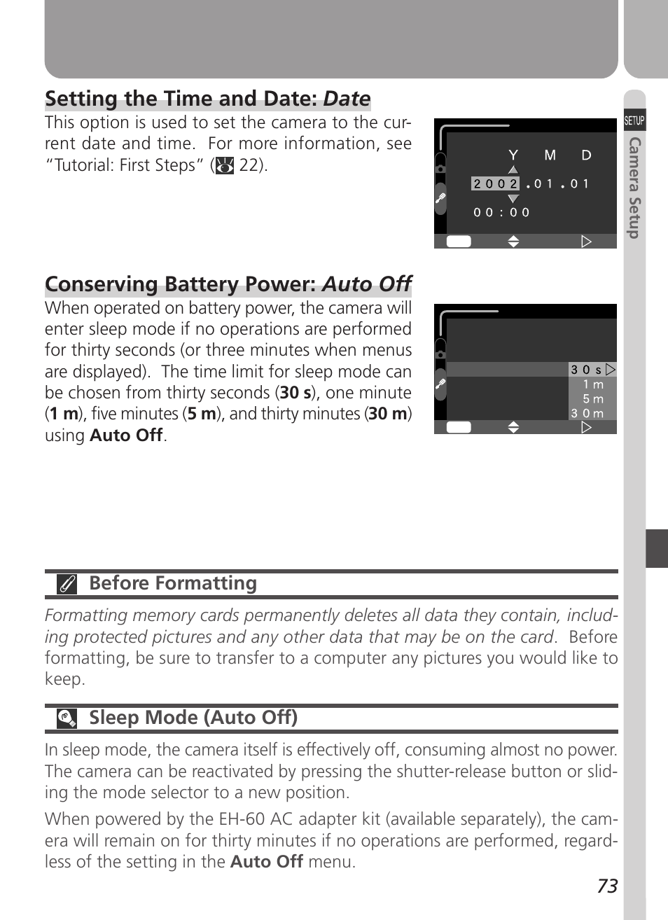 Setting the time and date: date, Conserving battery power: auto off, Before formatting | Sleep mode (auto off) | Nikon 2500 User Manual | Page 85 / 120