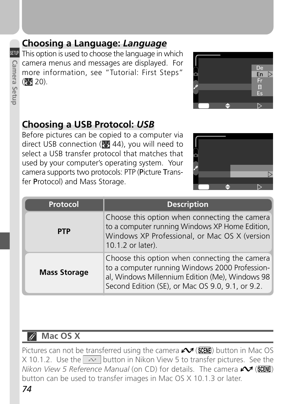 Choosing a language: language, Choosing a usb protocol: usb, Mac os x | Nikon 2500 User Manual | Page 86 / 120
