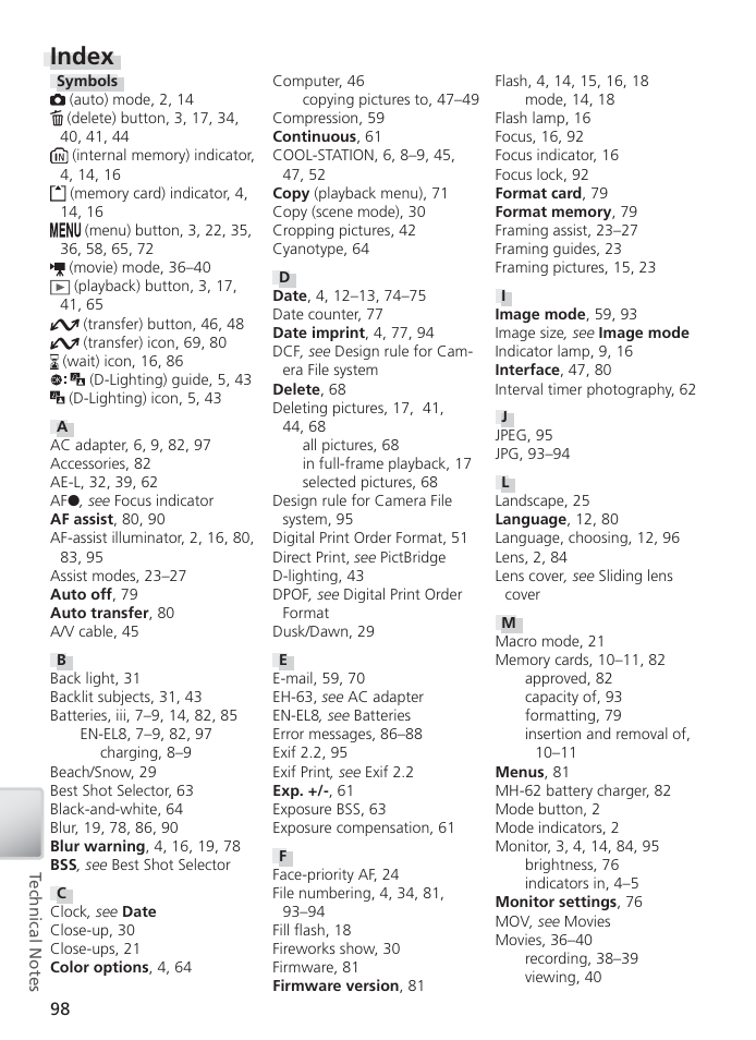 Index | Nikon S2 User Manual | Page 108 / 110