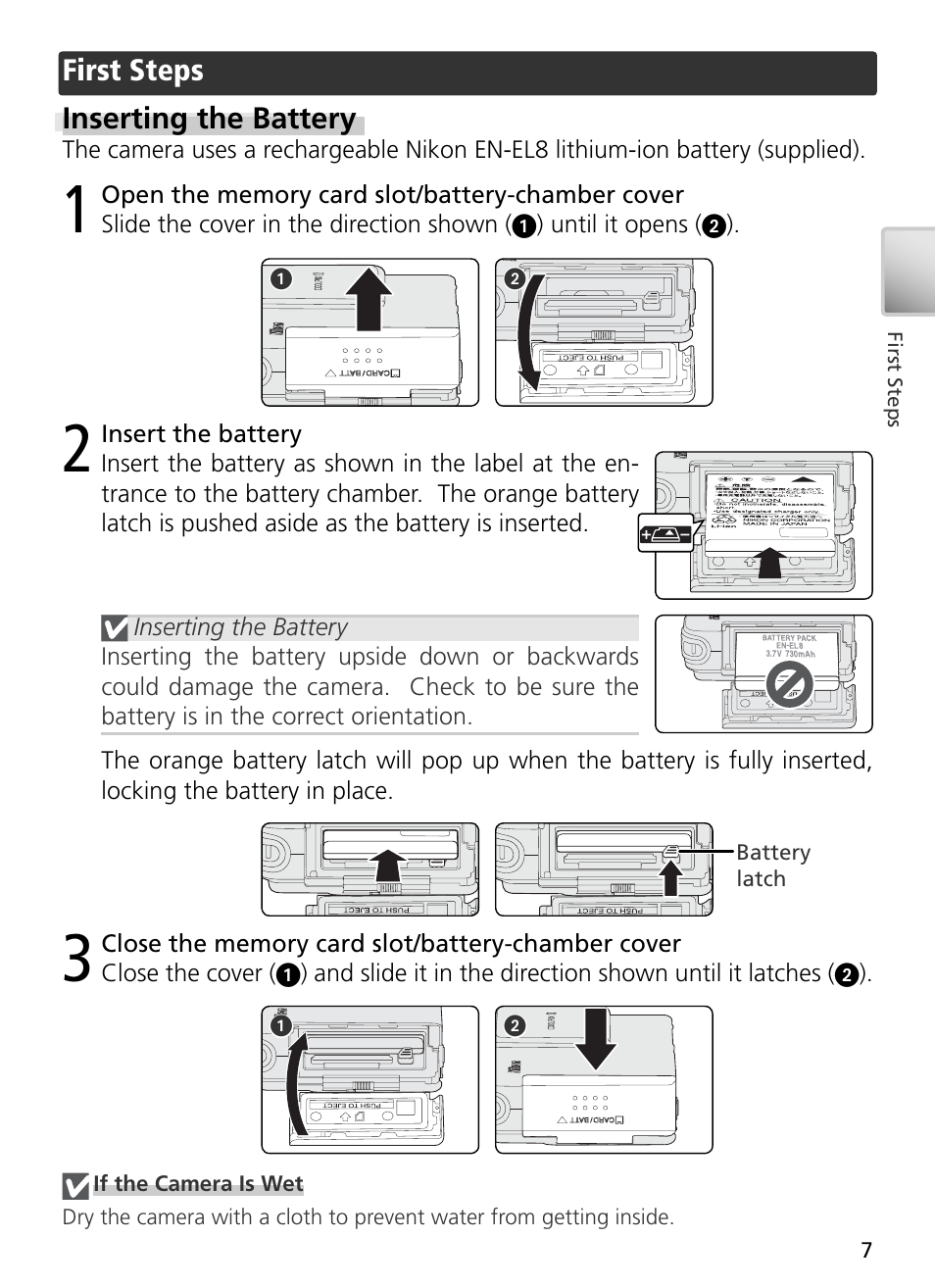 First steps, Inserting the battery | Nikon S2 User Manual | Page 17 / 110