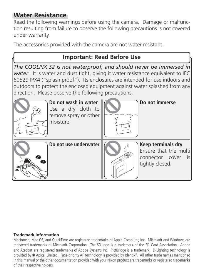 Water resistance, Important: read before use | Nikon S2 User Manual | Page 2 / 110