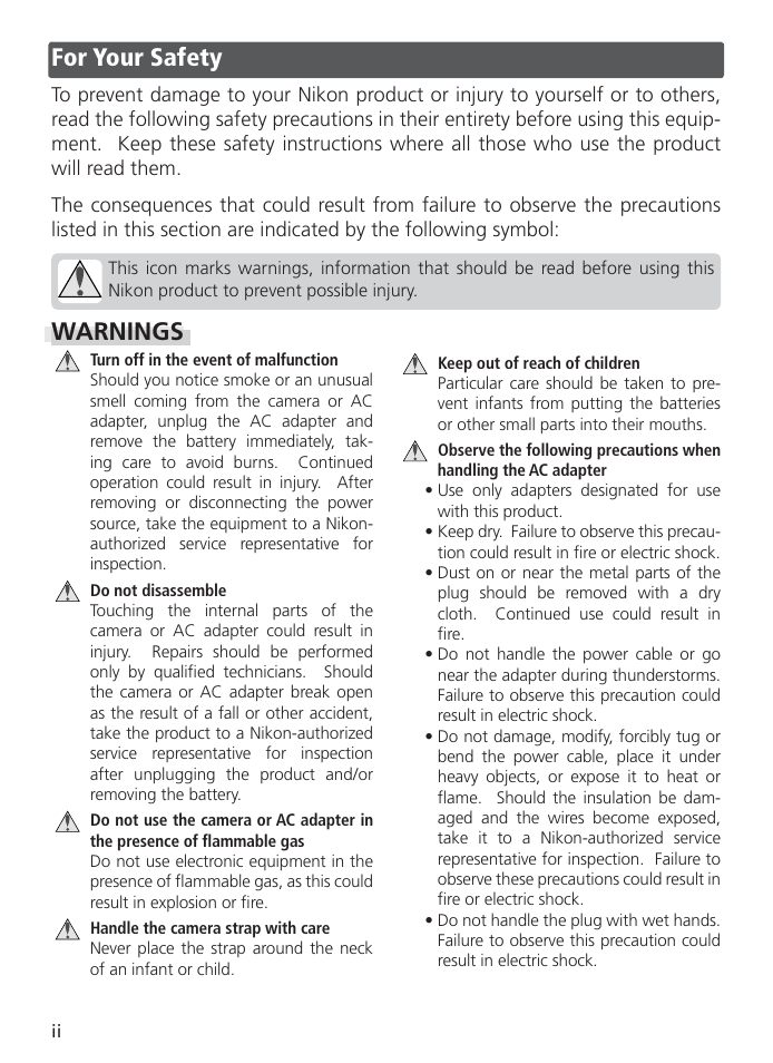 For your safety, Warnings | Nikon S2 User Manual | Page 4 / 110