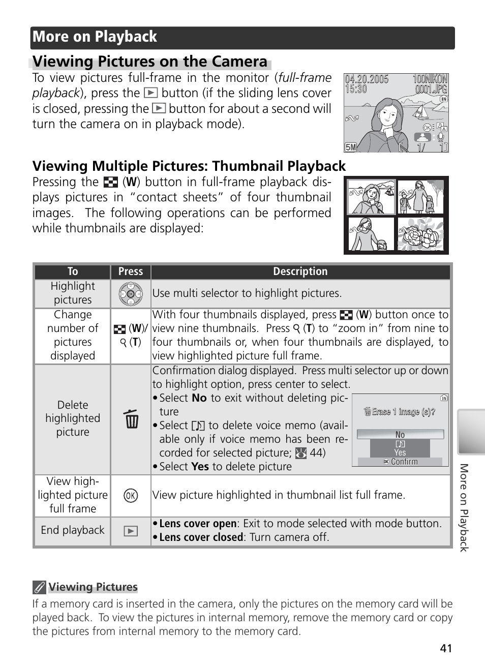 More on playback, Viewing pictures on the camera, More on playback viewing pictures on the camera | Viewing multiple pictures: thumbnail playback | Nikon S2 User Manual | Page 51 / 110