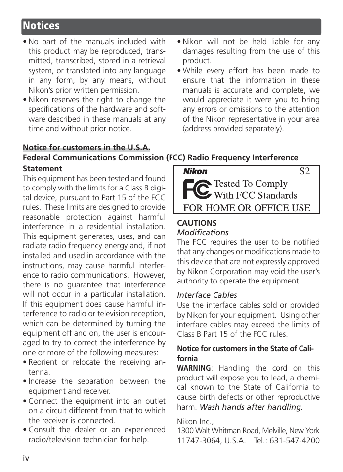 Notices | Nikon S2 User Manual | Page 6 / 110