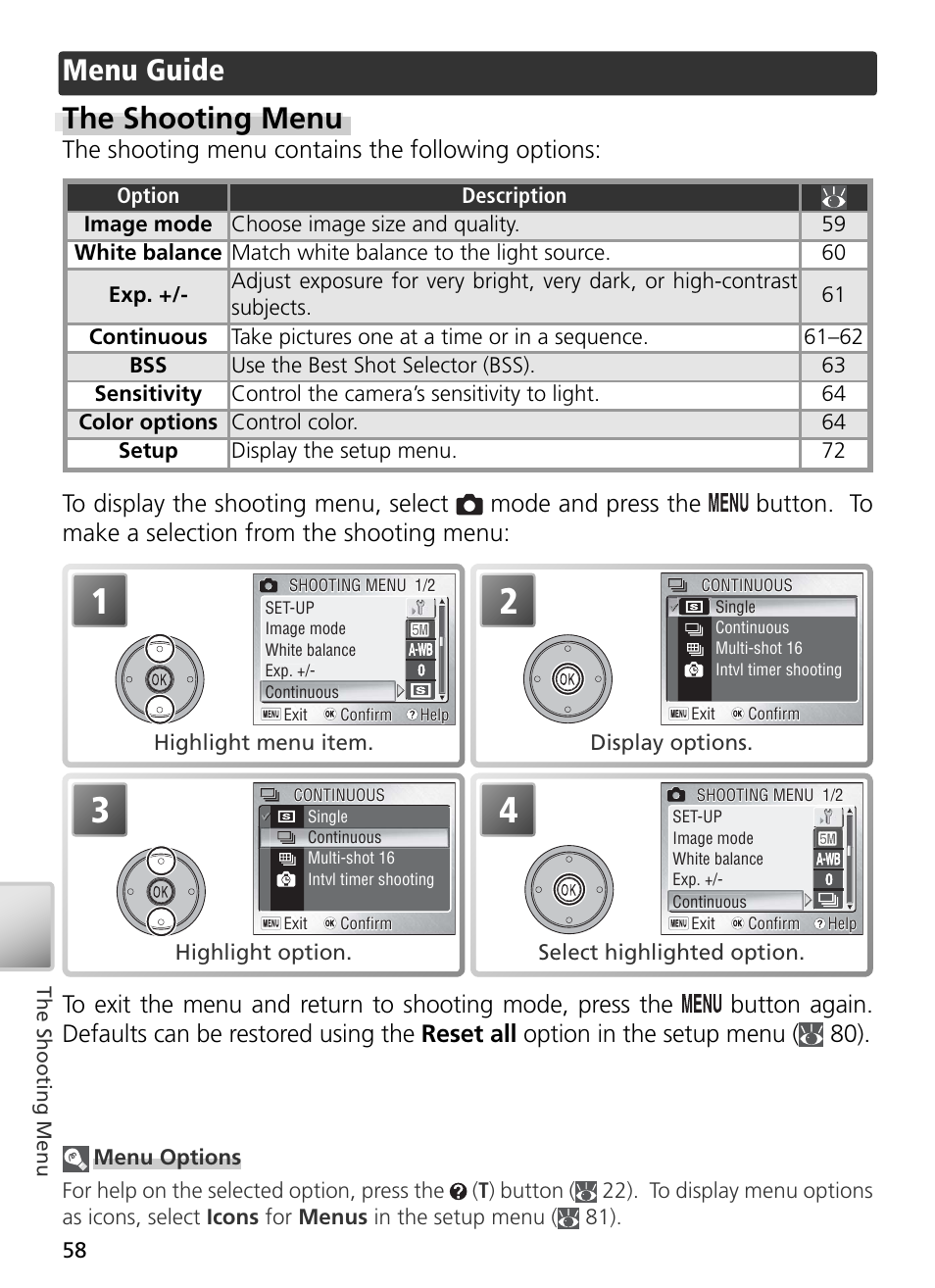 Menu guide, The shooting menu, Menu guide the shooting menu | The shooting menu contains the following options | Nikon S2 User Manual | Page 68 / 110