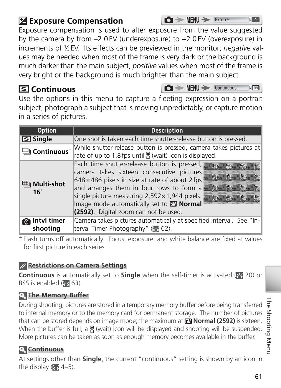 Exposure compensation, Continuous | Nikon S2 User Manual | Page 71 / 110