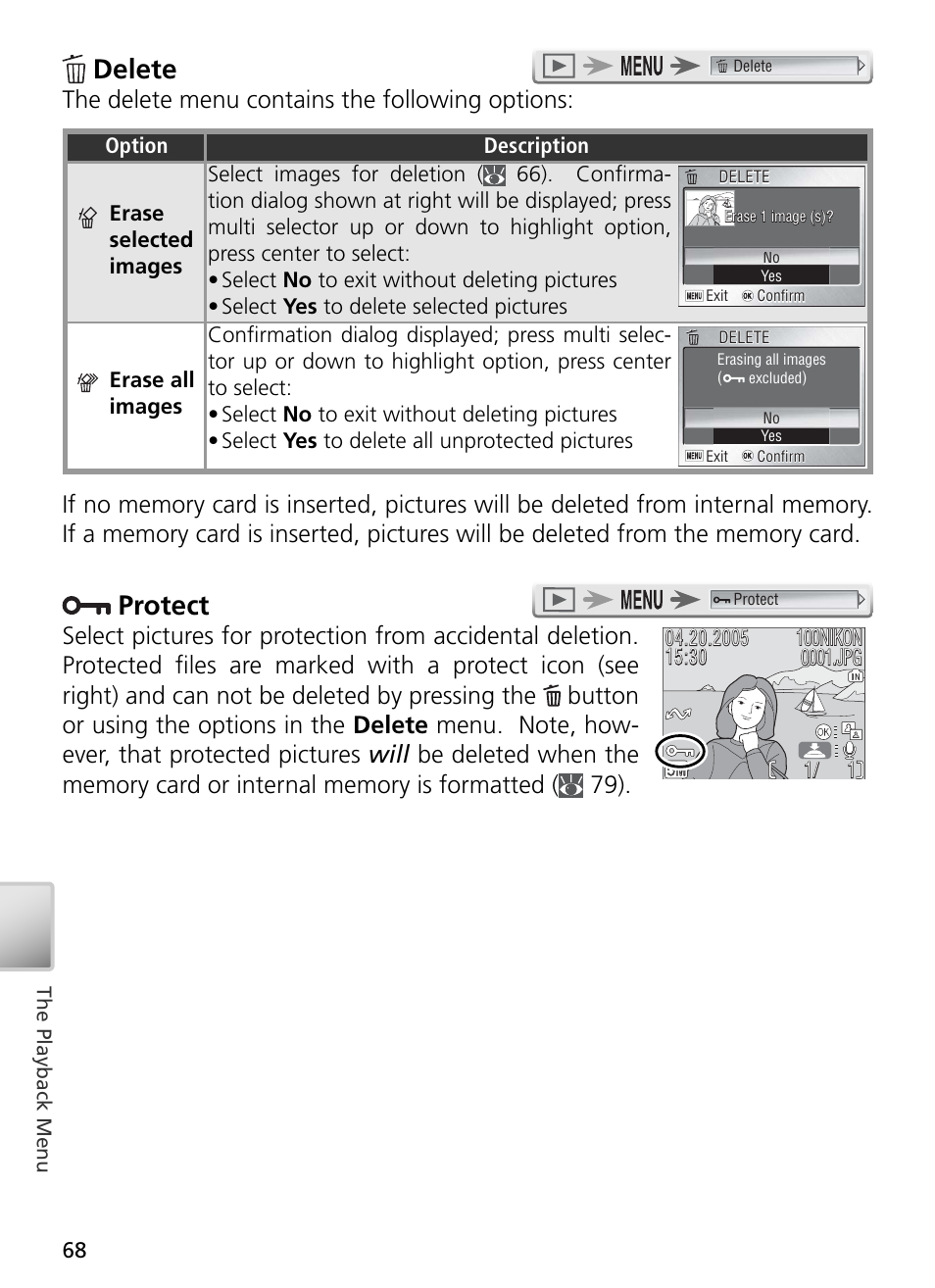 Delete, Protect, The delete menu contains the following options | Nikon S2 User Manual | Page 78 / 110
