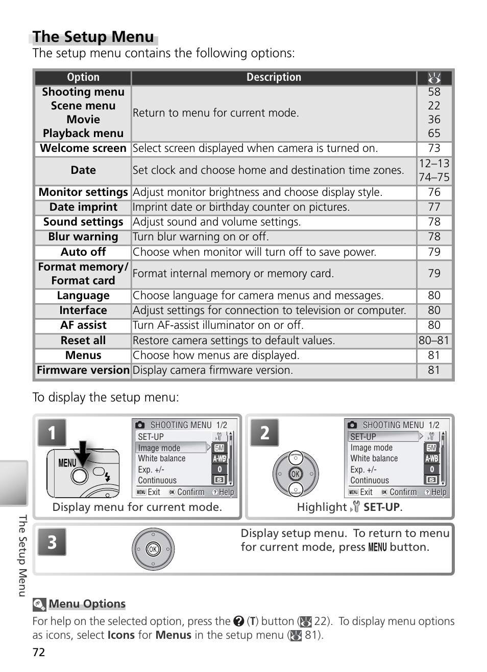 The setup menu, The setup menu contains the following options | Nikon S2 User Manual | Page 82 / 110