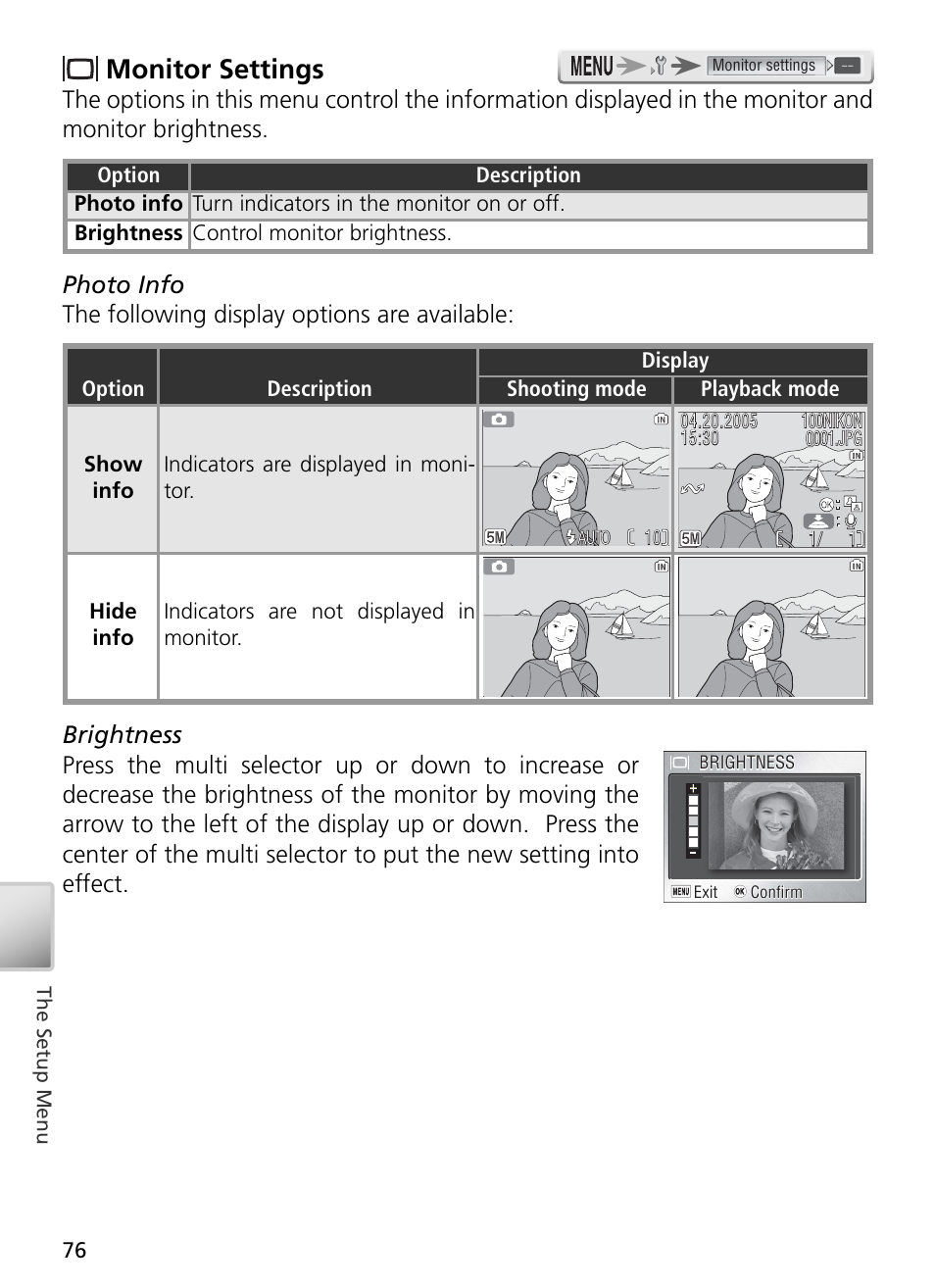 Monitor settings | Nikon S2 User Manual | Page 86 / 110