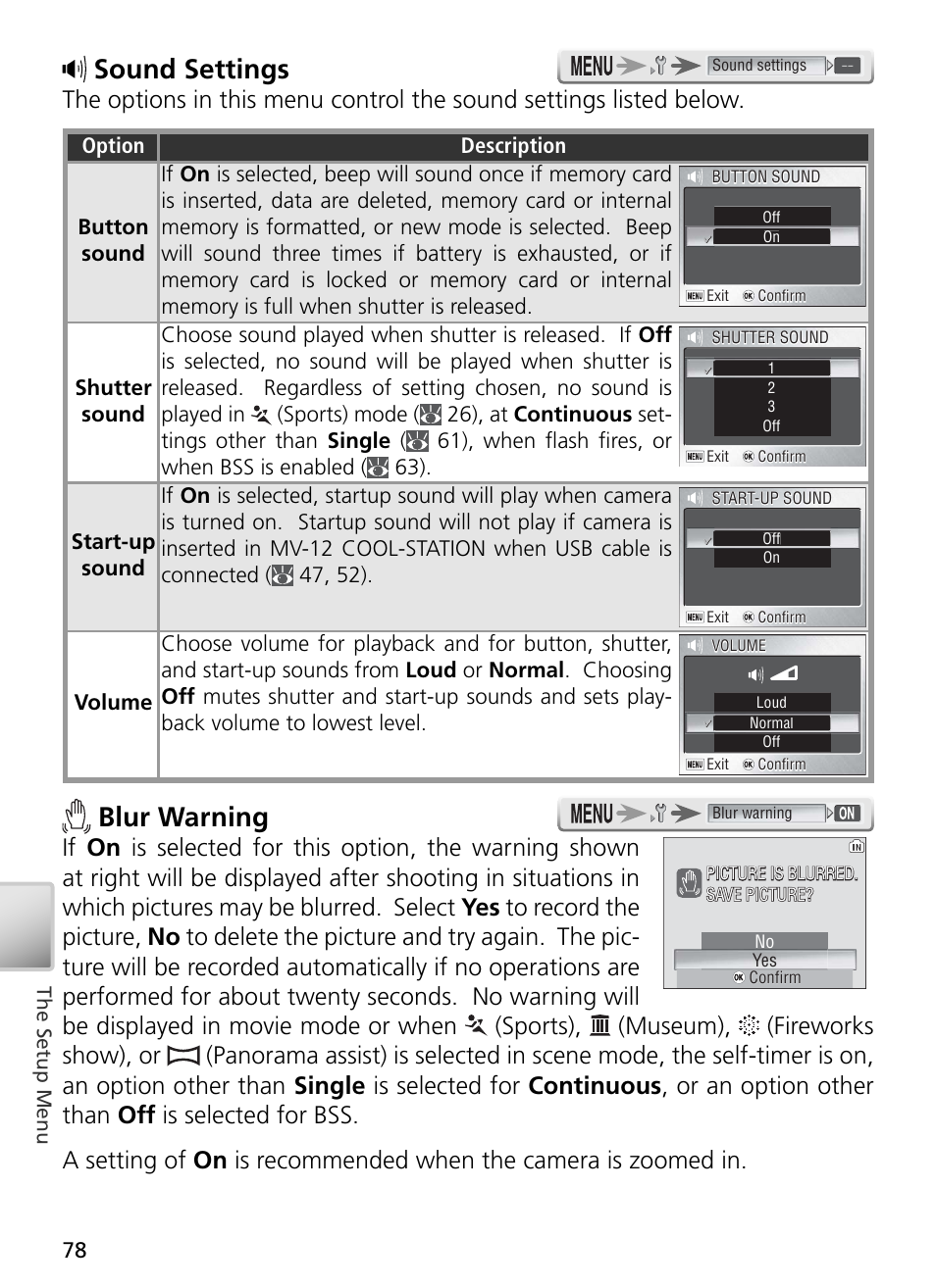 Sound settings, Blur warning | Nikon S2 User Manual | Page 88 / 110
