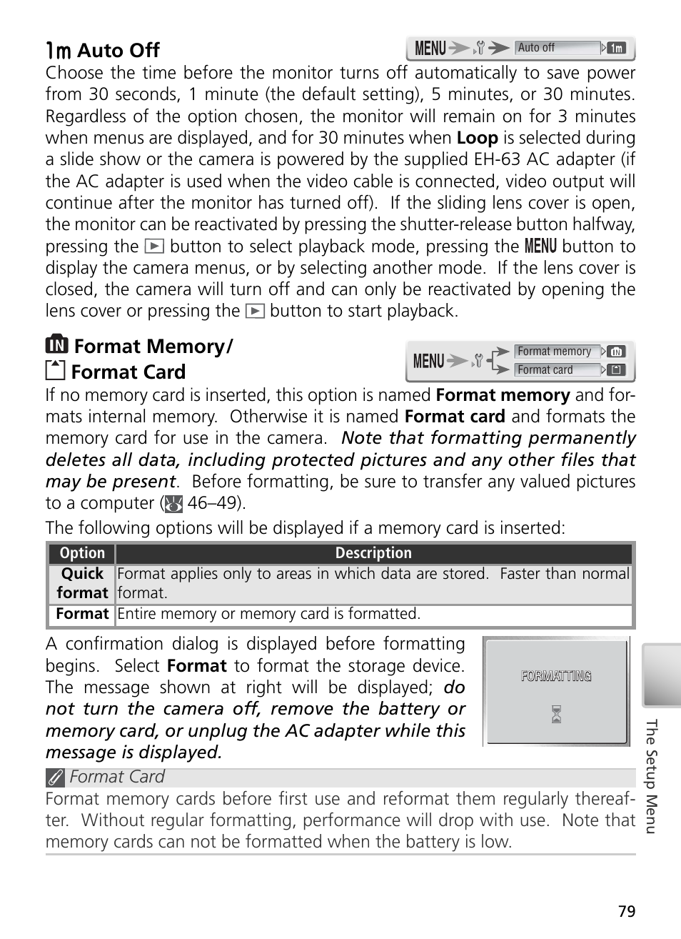 Auto off, Format memory / format card | Nikon S2 User Manual | Page 89 / 110