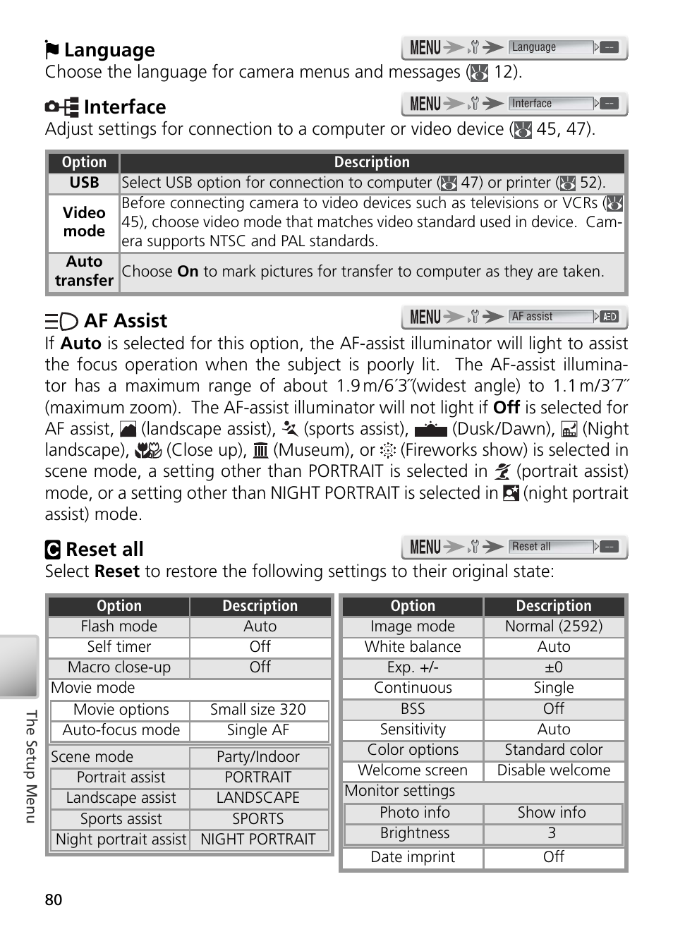 Language, Interface, Af assist | Reset all | Nikon S2 User Manual | Page 90 / 110