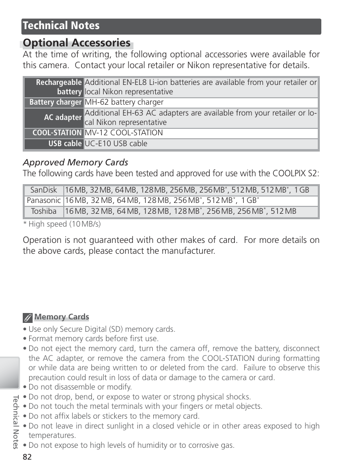 Technical notes, Optional accessories | Nikon S2 User Manual | Page 92 / 110