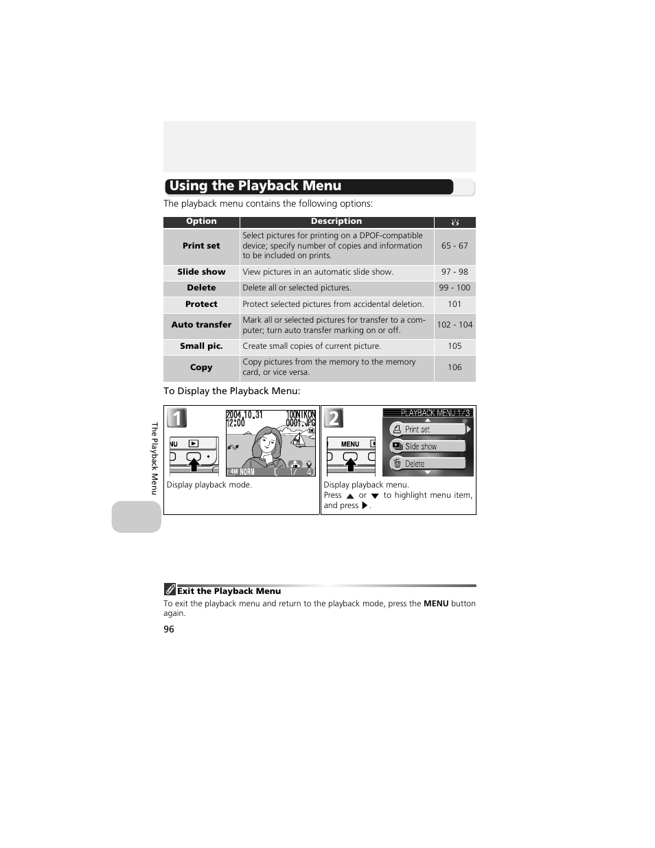 The playback menu, Using the playback menu | Nikon 4200 User Manual | Page 106 / 152