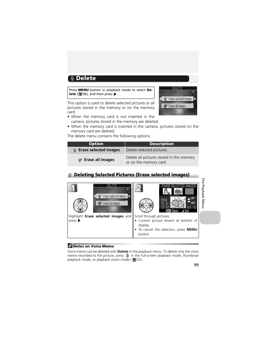 Delete, Deleting selected pictures (erase selected images) | Nikon 4200 User Manual | Page 109 / 152