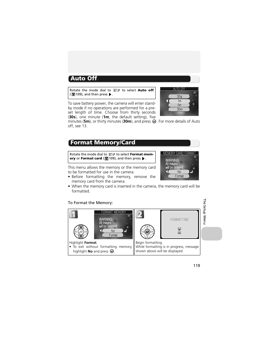 Auto off format memory/card, Auto off | Nikon 4200 User Manual | Page 129 / 152