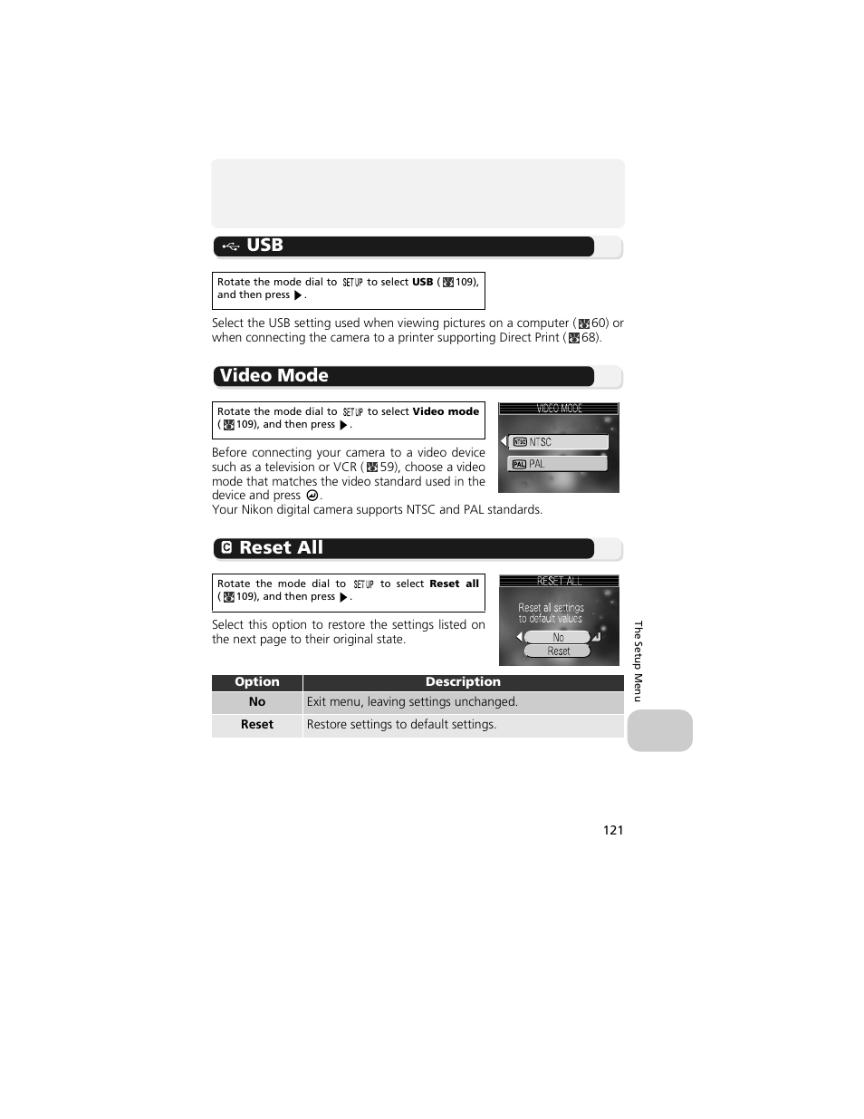 Video mode, Reset all | Nikon 4200 User Manual | Page 131 / 152