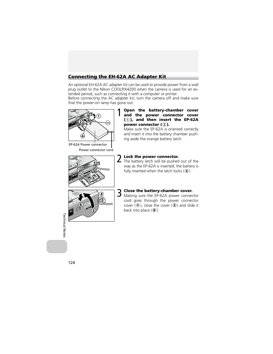E “con- necting the eh-62a ac adapter kit | Nikon 4200 User Manual | Page 134 / 152