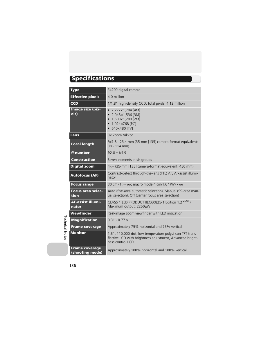 Specifications | Nikon 4200 User Manual | Page 146 / 152